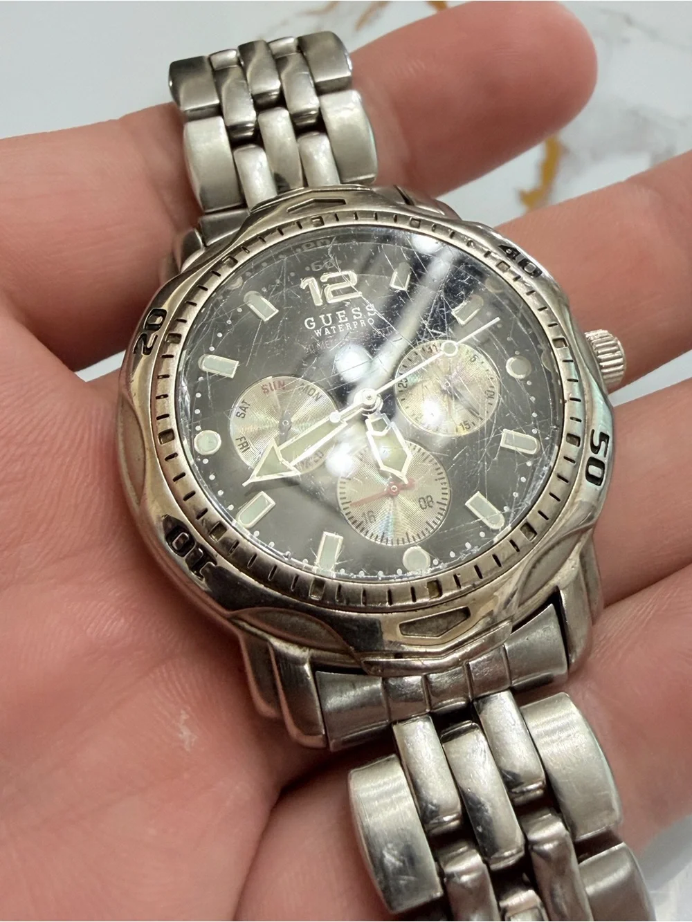 Guess Waterpro Chronograph Watch Men's Silver Tone Day Date Stainless Steel